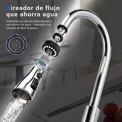 Grifo de Cocina, DALMO DAKF3F, Grifo Cocina extraible con Caño giratorio de 3 Modos de Rociado Rociador desplegable, Manija única de Arco Alto Extraiga, Acero Inoxidable Grifo de Cocina sin Plomo