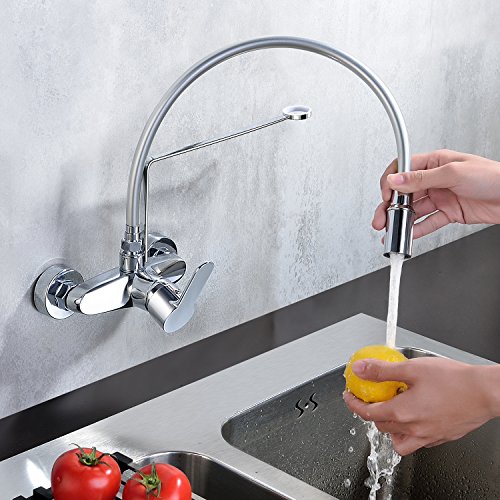 Grifo de cocina de pared para cocina con giro de 360°, flexible, extensible y extraíble, grifo monomando para fregadero