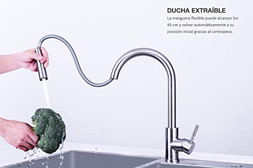 Grifo de Cocina, MEHOOM Grifo con Ducha Extraible 2 Modos de Flujo de Agua Giratorio de 360° para el Fregadero de Cocina Monomando Grifería, Frío y Calor Disponibles