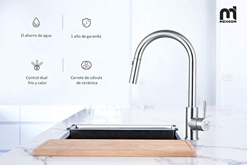 Grifo de Cocina, MEHOOM Grifo con Ducha Extraible 2 Modos de Flujo de Agua Giratorio de 360° para el Fregadero de Cocina Monomando Grifería, Frío y Calor Disponibles