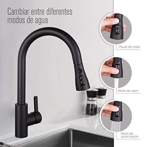 Grifo de Cocina Negro Dalmo, DAKF8F Grifo Cocina Extraible con Caño Giratorio de 3 Modos de Rociado Rociador Desplegable, Manija única de Arco Alto Extraiga Acero Inoxidable Grifo de Cocina sin Plomo