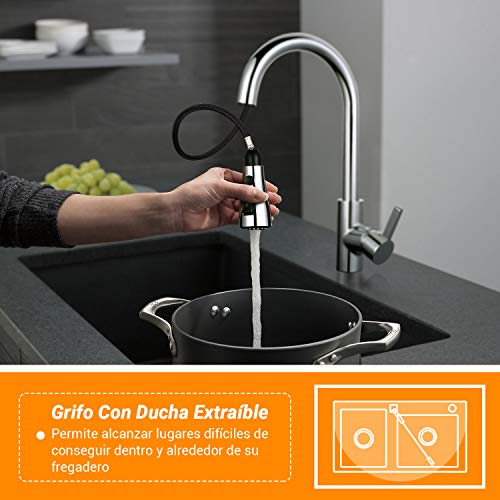 Grifo de Cocina, TACKLIFE Grifo Cocina con Ducha Extraíble de Acero Inoxidable, Grifo para Fregadero con 3 Modos de Rociador, Grifo Monomando Giratorio de 360° sin Plomo