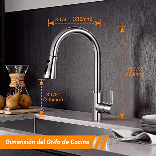 Grifo de Cocina, TACKLIFE Grifo Cocina con Ducha Extraíble de Acero Inoxidable, Grifo para Fregadero con 3 Modos de Rociador, Grifo Monomando Giratorio de 360° sin Plomo