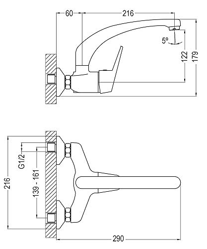 Grifo monomando de cocina fregadero BAT de pared con caño largo giratorio Fabricado en latón con acabados en cromo brillo. Distancia entre las tomas de 15 cm. Repuestos garantizados