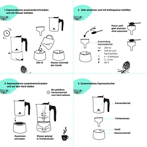 Groenenberg Cafetera Italiana inducción, 4 Tazas (200 ml) | Cafetera Espresso de Acero INOX | Moka Expresso Maker Incl. Junta de Silicona de Recambio e Instrucciones Paso a Paso | Sin Aluminio