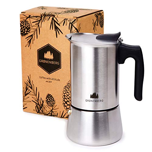 Groenenberg Cafetera Italiana inducción, 4 Tazas (200 ml) | Cafetera Espresso de Acero INOX | Moka Expresso Maker Incl. Junta de Silicona de Recambio e Instrucciones Paso a Paso | Sin Aluminio