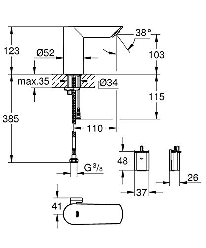 Grohe Bau Cosmopolitan E - Grifo de lavabo electrónico 1/2'' Tamaño M, con Grifo y limitador ajustable de temperatura, color cromo (Ref.36451000)