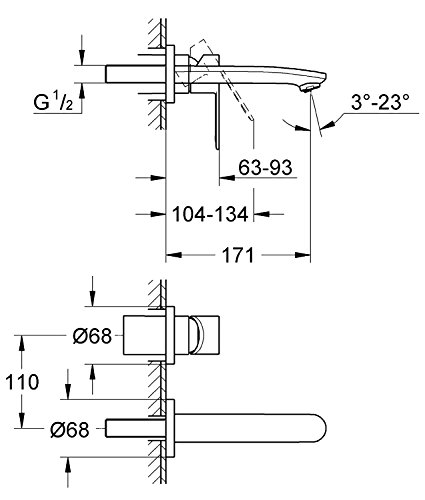 Grohe Eurostyle Cosmopolitan - Grifo de lavabo mural 1/2" Tamaño S, color cromo (Ref.19571002)