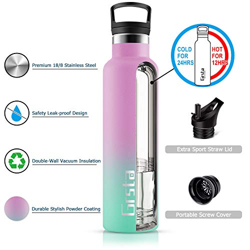 Grsta Botella Agua Acero Inoxidable - Termo para Agua Fria 500ml/Rosa & Azul Verde Botella Termica sin BPA Aislamiento de Vacío de Doble Pared Reutilizable para Niños, Colegio, Sport, Familia