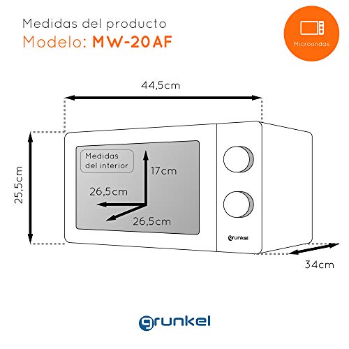 Grunkel - MW-20AF - Microondas de diseño vintage de 20 litros de capacidad y 6 niveles de potencia. Función descongelación y temporizador hasta 30 minutos - 700W - Azul