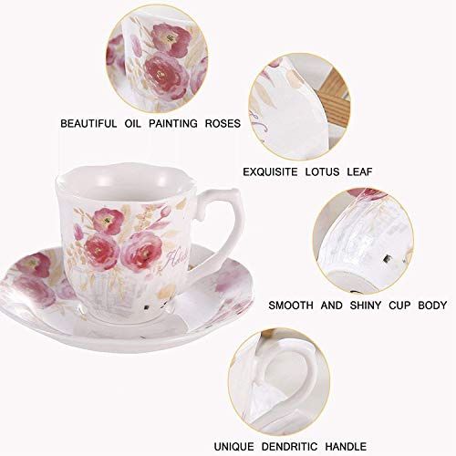 GuangYang Juegos Tazas de Café Porcelana Vintage - 7OZ/220ML Conjuntos de Taza y Platillo Inglesa Patrón de Rosa Flores Set de 6 Tazas de Té/Cappuccino