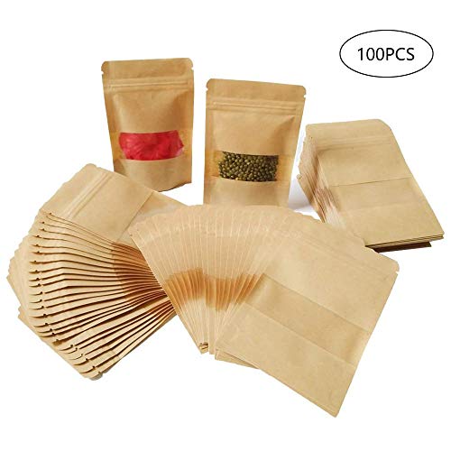 Guanici Bolsa de Papel Kraft Bolsa de papel Kraft con ventana Bolsa de almacenamiento de alimentos con cremallera de papel kraft para Guardar o Llevar Fruta Dulces Galleta y Sándwichera 100pcs 9×14cm