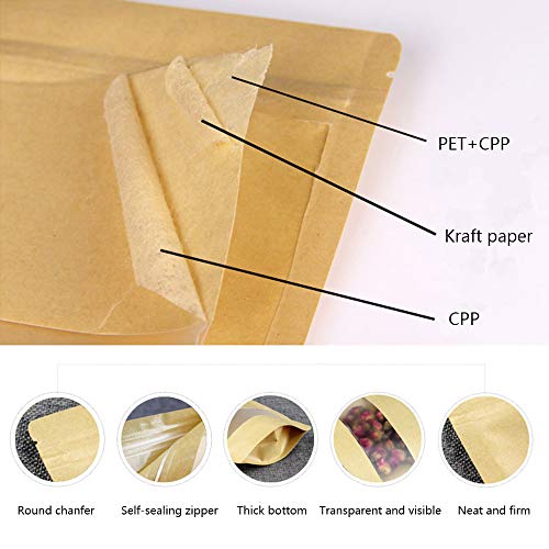 Guanici Bolsa de Papel Kraft Bolsa de papel Kraft con ventana Bolsa de almacenamiento de alimentos con cremallera de papel kraft para Guardar o Llevar Fruta Dulces Galleta y Sándwichera 100pcs 9×14cm