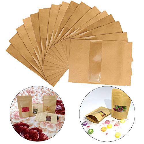 Guanici Bolsa de Papel Kraft Bolsa de papel Kraft con ventana Bolsa de almacenamiento de alimentos con cremallera de papel kraft para Guardar o Llevar Fruta Dulces Galleta y Sándwichera 100pcs 9×14cm