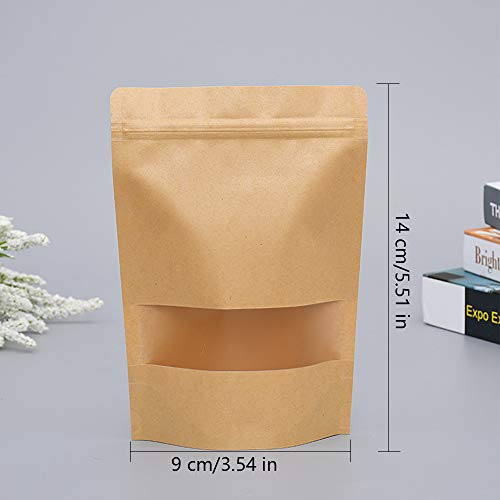 Guanici Bolsa de Papel Kraft Bolsa de papel Kraft con ventana Bolsa de almacenamiento de alimentos con cremallera de papel kraft para Guardar o Llevar Fruta Dulces Galleta y Sándwichera 100pcs 9×14cm