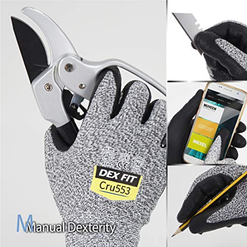 Guantes DEX FIT Nivel 5 Anticortes Cru553, Ajuste Cómodo Elástico en 3D, Gran Agarre, Espuma de Nitrilo Duradera, Smart Touch, Fino y Ligero, Gris Talla 8 (M) 1 Par