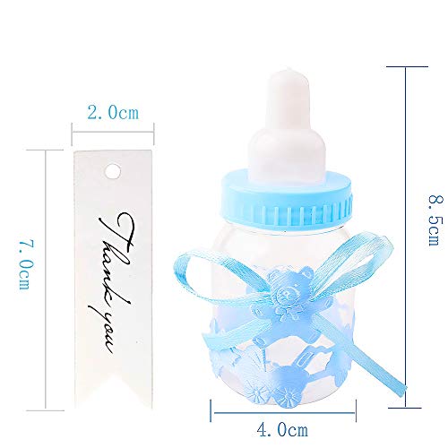 Gudotra 125 Packs 24pcs Biberones Bautizo Plastico Azul Botella Dulces + 100pcs Tarjetas Blanco+10 Metros Cuerda de Yute para Recuerdo de Bautizo Baby Shower