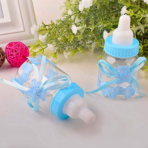 Gudotra 125 Packs 24pcs Biberones Bautizo Plastico Azul Botella Dulces + 100pcs Tarjetas Blanco+10 Metros Cuerda de Yute para Recuerdo de Bautizo Baby Shower