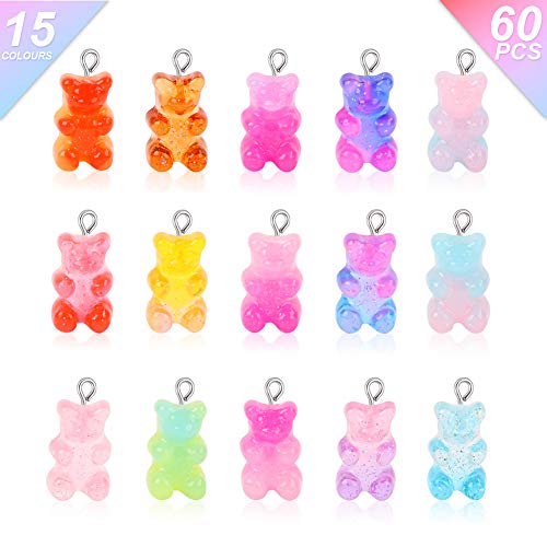 Gukasxi 60 piezas colgantes esmaltados en forma de osito de goma en 15 colores, abalorios de caramelo de colores colgante de caramelo dulce para hacer collares y pulseras y manualidades