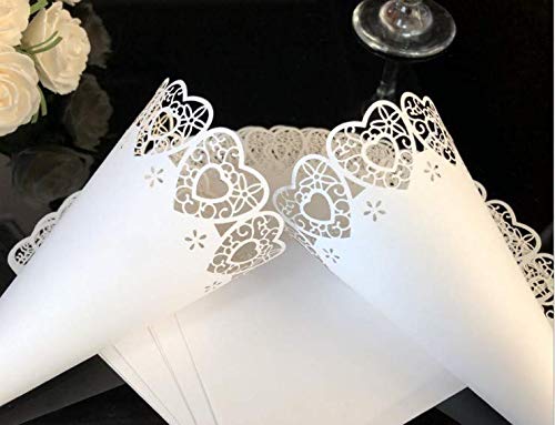 GWHOLE 100 piezas Conos Papel Arroz Boda Blanco, Diseño de Corazón Hueco, Cucuruchos Pétalos Confeti Decoración Boda con Cinta Adhesiva Doble