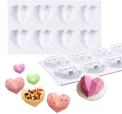 G.YO Molde de postre de silicona de chocolate para mousse Helado Pasteles de gasa Molde para hornear cupcakes, 8 cavidades Diamante 3D en forma de corazón, paquete de 1