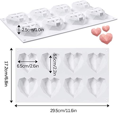 G.YO Molde de postre de silicona de chocolate para mousse Helado Pasteles de gasa Molde para hornear cupcakes, 8 cavidades Diamante 3D en forma de corazón, paquete de 1