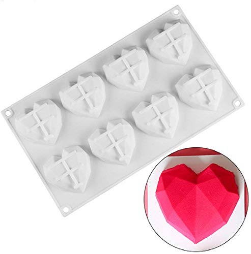 G.YO Molde de postre de silicona de chocolate para mousse Helado Pasteles de gasa Molde para hornear cupcakes, 8 cavidades Diamante 3D en forma de corazón, paquete de 1