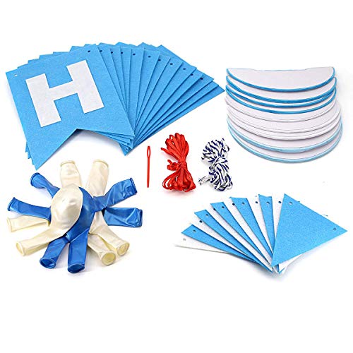 Gyvazla Decoración Cumpleaños, Happy Birthday Pancarta Azul, 9 Pompón Bola de Honeycomb, 12pcs Globos Perlados, 12pcs Banner Triangle Flags - Party Decoration Supplies para Chicas, Chicos y Adultos