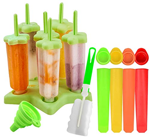 Gyvazla Molde para Helados, Reutilizable Moldes Silicona, 6 Fabricantes de Paletas Heladas, 4 Moldes de Silicona para Helados, LFGB y Libre de BPA, con Cepillo de Limpieza y Plegable Embudo