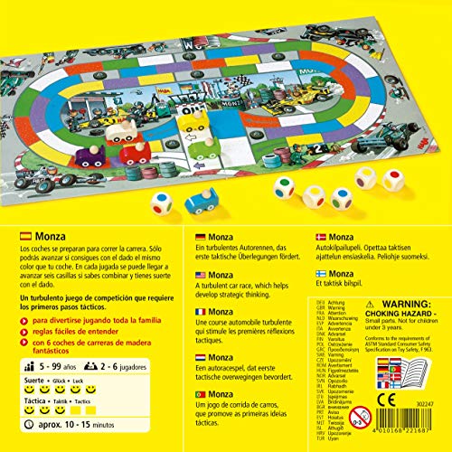 HABA Monza-ESP (302247), Juego de Mesa de Dados, con una turbulenta Carrera de Coches para 2-6 niños de 5 años, para Aprender los Colores. (4416)