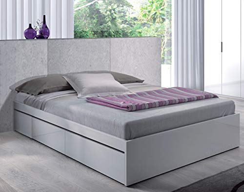 Habitdesign 006088BO - Cama con 4 cajones para somier 150 x 190 cm, Color Blanco Brillo, Medidas Exteriores 196 x 156 x 37 cm Altura