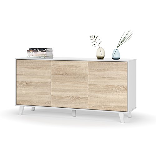 Habitdesign 0F6638BO - Aparador Buffet salón Comedor 3 Puertas, Color Blanco Brillo y Roble Canadian, Medidas: 154 x 75 x 41 cm de Fondo