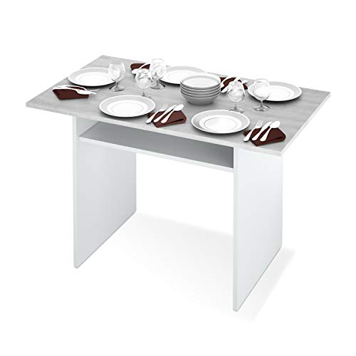 Habitdesign 0L4587A - Mesa Consola desplegable, Mesa de Cocina Extensible Apertura Tipo Libro, Color Blanco Artik y Cemento, Medidas: 77 x 120 x 35 cm de Fondo