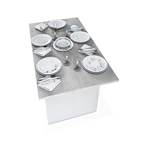 Habitdesign 0L4587A - Mesa Consola desplegable, Mesa de Cocina Extensible Apertura Tipo Libro, Color Blanco Artik y Cemento, Medidas: 77 x 120 x 35 cm de Fondo