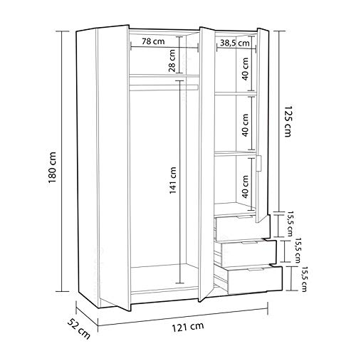 Habitdesign LCX323O - Armario ropero de Tres Puertas y Tres cajones, Color Blanco Mate, Medidas 121 cm (Largo) x 180 cm (Alto) x 52 cm (Fondo)