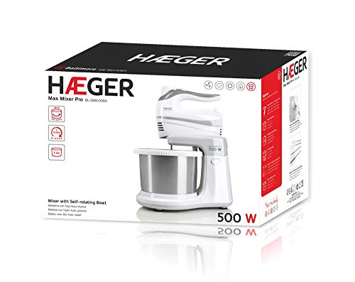 HAEGER MAX Mixer Pro - Batidora Amasadora con Bol, 500W, Bol Auto-Giratorio INOX, 2L, 2 Pares de Varillas para Batir y Amasar de 20cm