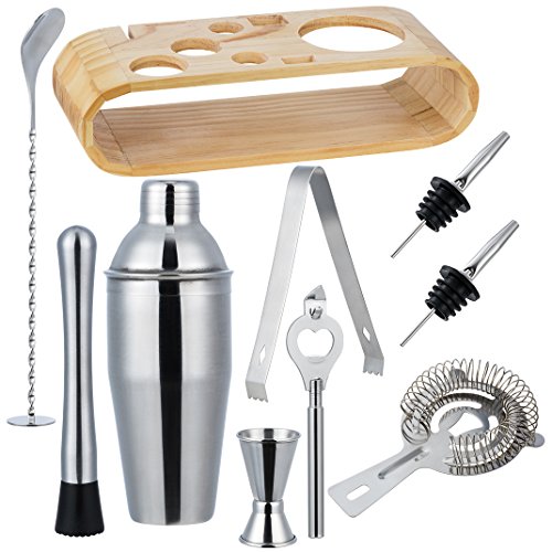 HALOVIE Coctelera de Cóctel Conjunto Coctelera Juego de 10 Piezas 350ml Profesional Set para Cócteles Kit de Coctelería Bartender Acero Inoxidable Cuchara Colador Mezclador con Base de Madera