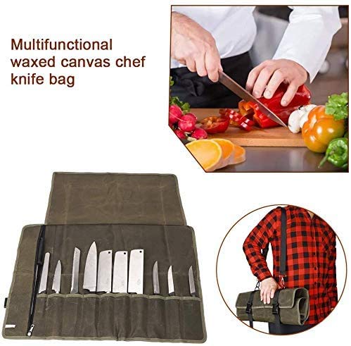 HANSHI Chef Knife Roll Bag 12OZ Waxed Canvas Portable Knife Bag Case Storage Tote Stores 10 Cuchillos + Cremallera para Herramientas culinarias para cocinar Chef (Brown)