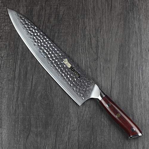 HAOYE Cuchillo de Chef de Damasco Cuchillo de Cocina Japonés de 25cm VG10 en Acero de Profesional Damasco Cuchillo de Cocina,Hoja Alargadora,Filo Permanente,Mango de Palo de Rosa