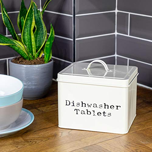 Harbour Housewares Lavavajillas Industrial Tablet Lata del almacenaje - Acero Estilo Vintage Cocina para Guardar Caddy con Tapa - Crema