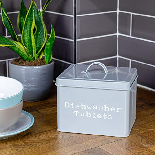 Harbour Housewares Lavavajillas Industrial Tablet Lata del almacenaje - Acero Estilo Vintage Cocina para Guardar Caddy con Tapa - Gris