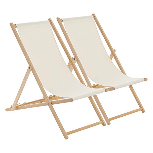 Harbour Housewares Tumbona reclinable y Plegable - Ideal para Playa y jardín - Estilo Tradicional - Crema - Pack de 2