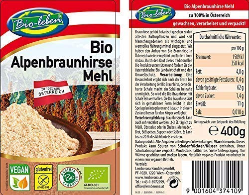 Harina de Mijo marrón ecológica austríaca, sin gluten 2,4kg Bio biológica, sin OMG, de mijo marrón de grano entero de Austria, orgánico, extra limpio y sin datura 6x400g