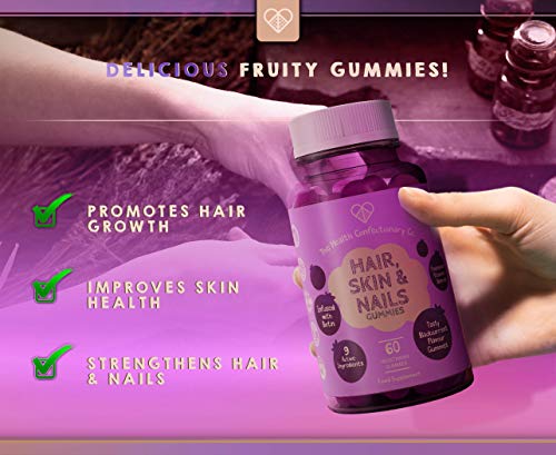 HCC Gominolas de Biotina para el Cabello, Piel y Uñas | 60 Gominolas Vitaminas para el Cabello con Sabor Grosella | Biotin, Vitamina A y D3 | Gummy Hair Vitamins | Vitaminas Crece Pelo, Piel y Uñas