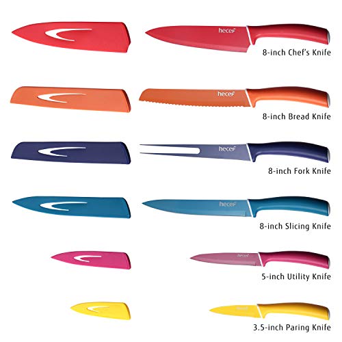 hecef Juego de Cuchillos de Colores para la Cocina - los Cuchillos Incluyen el Cuchillo de Cocina, Cuchillo de Pan, Cuchillo de Tenedor, Cuchillo de Cortar, Cuchillo de Uso General, Cuchillo de Pelar