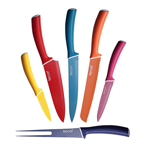 hecef Juego de Cuchillos de Colores para la Cocina - los Cuchillos Incluyen el Cuchillo de Cocina, Cuchillo de Pan, Cuchillo de Tenedor, Cuchillo de Cortar, Cuchillo de Uso General, Cuchillo de Pelar