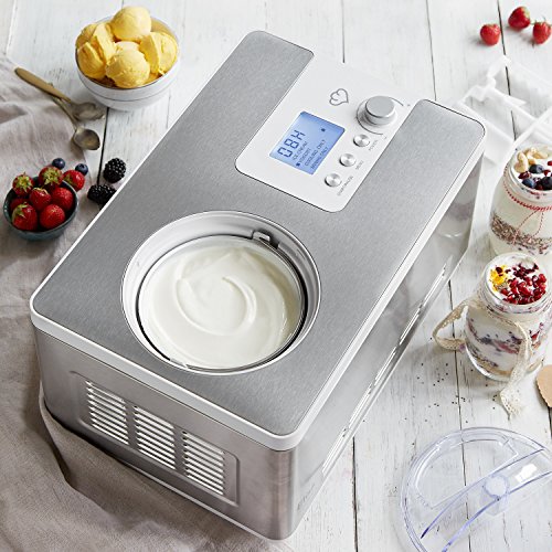 Heladera yogurtera 2 en 1 ELISA con compresor de refrigeración y función de calefacción, 2 l Máquina de helados y yogur en acero inoxidable, función de mantenimiento de frío