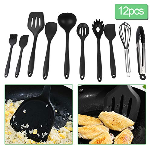 Hengda Utensilios de Cocina de Silicona de 10 Piezas, Antiadherente, Resistente al Calor, Batería de Cocina Incluyendo Pinzas, Espátula, Cuchara, Batidor, Cucharón, Cepillo, Volteador Ranurado