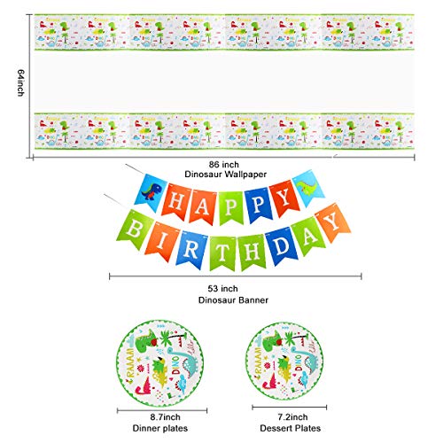 Herefun 124 pcs Cumpleaños De Dinosaurio Suministros De Fiesta, Niños Decoracion Suministros de Fiesta Dinosaurios Cumpleaños Platos, Tazas Banner Decor Servilletas Vajilla de Desechable Dinosaurio