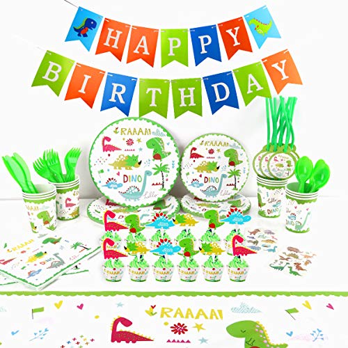 Herefun 124 pcs Cumpleaños De Dinosaurio Suministros De Fiesta, Niños Decoracion Suministros de Fiesta Dinosaurios Cumpleaños Platos, Tazas Banner Decor Servilletas Vajilla de Desechable Dinosaurio